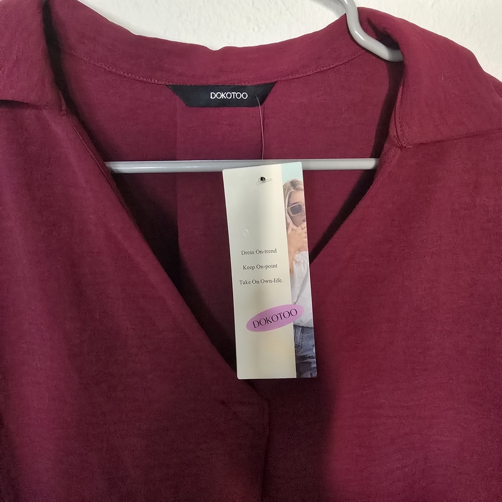 Dokotoo Burgundy Wine Red V-Neck Smocked Business Casual Boho Blouse New Medium - Picture 2 of 3